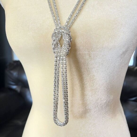 Shiny Silver Tone Long Double Strand Knotted Snake Chain‎ Necklace 39 in - Picture 7 of 12